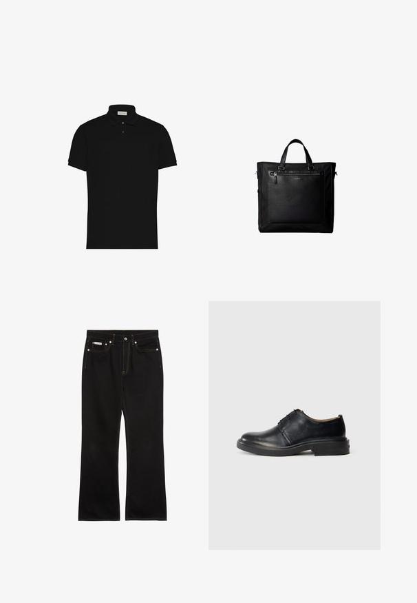 Schwarzes Polo mit kurzen Ärmeln, zwei Knöpfen und einem Kragen, mit kleinem Logo auf der Brust.; Schwarze Jeans mit geradem Bein, oranger Naht, fünf Taschen, Knopfverschluss und kleinem Calvin Klein-Label auf der vorderen rechten Tasche.; Schwarze Leder-Oxfords mit runder Zehenpartie, Schnürung an der Vorderseite und niedrigem, gestapeltem Absatz vor einem schlichten, hellen Hintergrund.; Schwarze Tragetasche mit Doppelgriffen, großer vorderer Ledertasche mit Reißverschluss und dezentem Calvin Klein-Logo in der Mitte der Tasche.