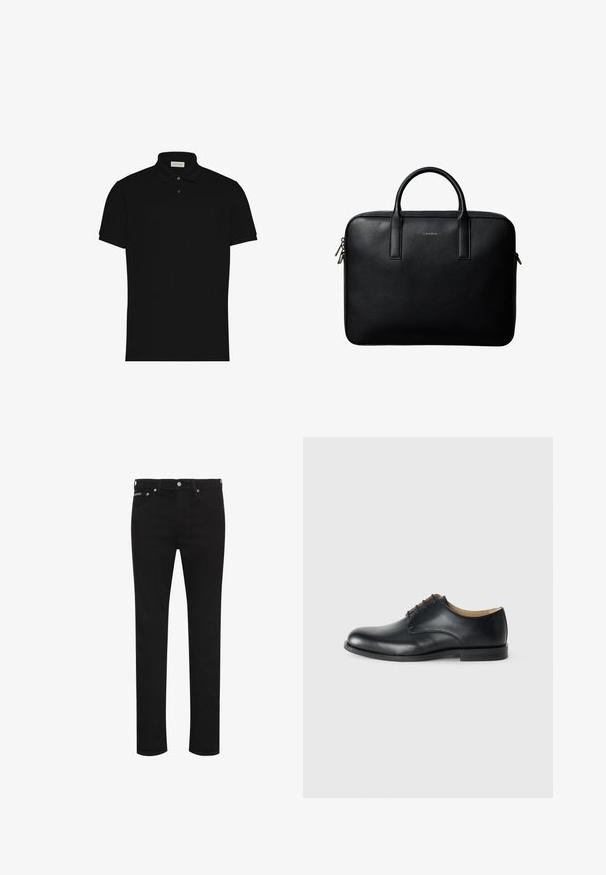Zwart polohemd met korte mouwen, twee knopen en een kraag, met een klein logo op de borst.; Zwarte slim-fit jeans met knoop aan de voorkant, riemlussen en zichtbare voorzakken, weergegeven op een witte achtergrond.; Calvin Klein ESS DERBY - Veterschoenen - triple black; Zwarte gestructureerde leren aktetas met dubbele handvatten en zilveren ritstrekkers, gecentreerd op een witte achtergrond.