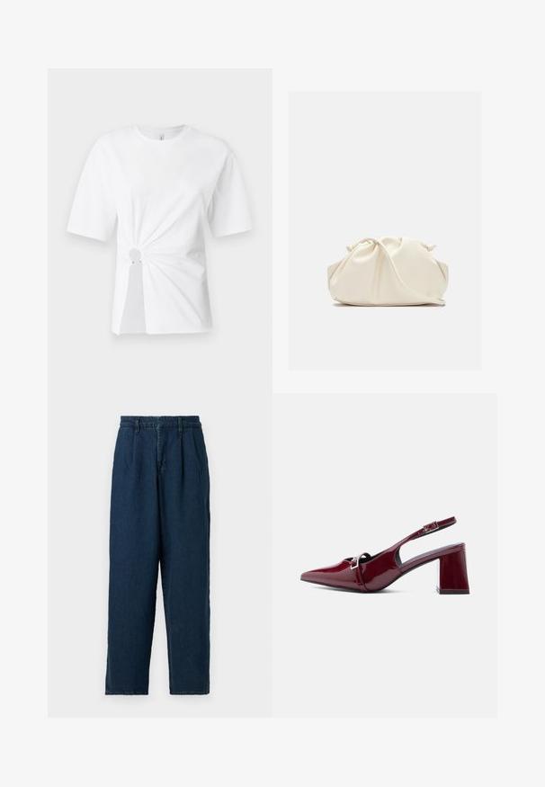 Valkoinen puuvillapaita lyhyillä hihoilla, jossa on kerätty yksityiskohta keskellä, pyöreä leikkuu ja metalliset korostukset vyötäröllä.; Good American PLEATED TROUSER - Leveälahkeiset - indigo; Teroitettu kärki, burgundin värinen kiiltonahkainen slingback-kengät, joissa keskipitkä tukevahko korko ja säädettävä solkihihna päällä.; Pehme, kermansävyinen nahkainen clutch-laukku, jossa on kerätty ja rypytetty muotoilu sekä ohut olkahihna. Laukku lepää edessä yksivärisellä taustalla.