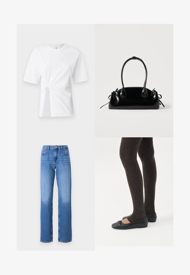 T-shirt en coton blanc à manches courtes, avec un détail central froncé comportant une découpe circulaire et des accents métalliques à la taille.; Jean en denim bleu clair avec une taille haute, une coupe droite et des zones décolorées. Comprend des poches avant standard et une fermeture à bouton.; Jambes portant des leggings côtelés foncés associés à des ballerines noires avec de petits détails en nœud sur fond blanc.; Petit sac à main noir brillant avec deux longues anses et des détails à cordon sur les côtés sur un fond clair uni.