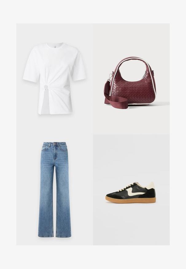 T-shirt en coton blanc à manches courtes, avec un détail central froncé comportant une découpe circulaire et des accents métalliques à la taille.; Jean en denim bleu clair à jambes larges avec taille haute, dotés d'une fermeture à boutons, de quatre poches et d'un ourlet net avec un délavage subtil.; Baskets en daim et cuir noir avec un swoosh latéral crème et un talon crème clair. Dotées de lacets beige et d'une semelle en caoutchouc gomme.; Sac à main en cuir tressé marron foncé avec poignée courbée, garniture blanche, fermeture éclair argentée et bandoulière large en tissu amovible sur fond uni.