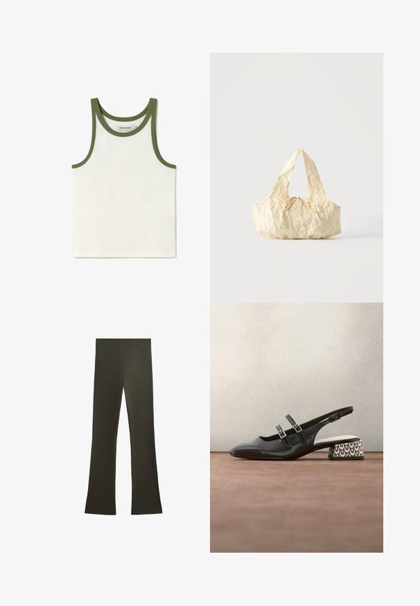 Débardeur blanc à côtes avec des bords verts autour de l'encolure et des emmanchures. Étiquette visible à l'intérieur. Design simple et mince, adapté pour le superposition.; Pantalon de yoga noir taille haute avec une large ceinture et une coupe droite, présenté à plat sur un fond blanc.; Chaussure à talon slingback en cuir noir avec double sangle, présentant un talon bloc noir et blanc à motif et un bout lisse et arrondi.; Sac à main en tissu texturé couleur crème avec des anses sur le dessus et un petit nœud noué au centre devant.
