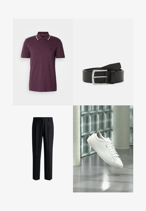 Polo shirt violet foncé avec une patte de boutonnage à deux boutons, des accents blancs sur le col et les manches, et un petit patch logo sur la poitrine.; Pantalons noirs en tissu lisse, avec une coupe droite, des plis à l'avant et une fermeture à bouton avec passants de ceinture.; Baskets basses en cuir blanc avec lacets, languette de talon noire et logo « BOSS », flottant à l'intérieur près d'un mur en blocs de verre et d'un sol poli.; Ceinture en cuir noir avec une texture lisse, boucle en métal argenté et une boucle unique pour l'ajustement. Caractérisée par un design classique et épuré.