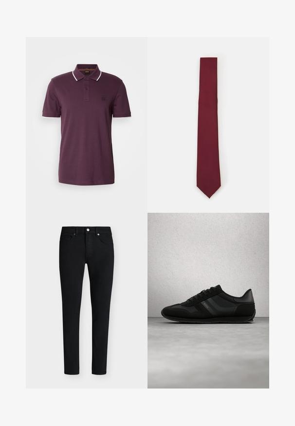 Polo shirt violet foncé avec une patte de boutonnage à deux boutons, des accents blancs sur le col et les manches, et un petit patch logo sur la poitrine.; Jean slim noir avec poches avant, passants de ceinture, fermeture par bouton et braguette zippée sur fond blanc.; Chaussure de sport noire avec empeigne lisse en cuir et mesh, fermeture à lacets, et marquage discret sur le côté et la languette. Semelle en caoutchouc.; Cravate en soie bordeaux, de forme étroite avec une texture solide. Présente une pointe aiguisée, une couleur uniforme et une finition lisse.