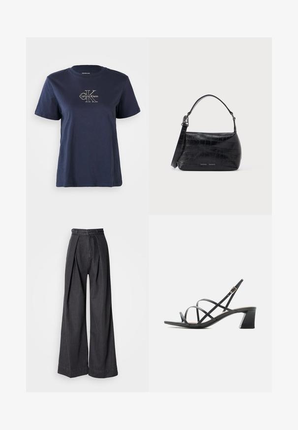 Námornícky modré bavlnené tričko s krátkymi rukávmi, s malým bielym logom "Calvin Klein" v strede prednej časti. Krúžkový výstrih, voľný strih.; KŽ velké černé džínsy s vysokým pásom, majú predné záhyby a klasické zapínanie na zips. Čistá, hladká textúra s elegantným dokončením.; Čierna sandála na podpätku s tenkými kríženými remienkami, prackou na členku a stredne vysokým blokovým podpätkom, zobrazená z boku na bielom pozadí.; Čierna kožená kabelka s krokodýlim vzorom, hornou rukoväťou a potlačou loga na prednej strane.