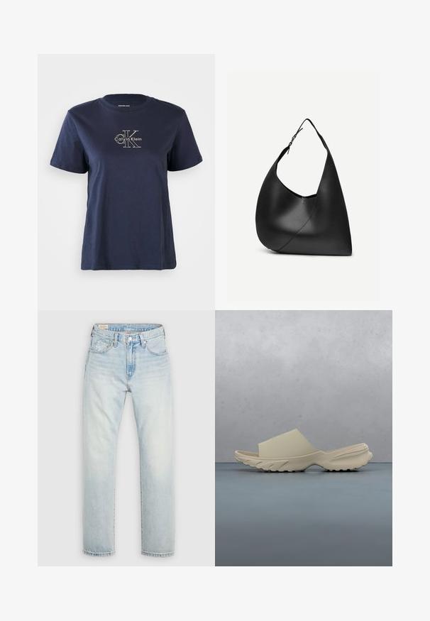 Námornícky modré bavlnené tričko s krátkymi rukávmi, s malým bielym logom "Calvin Klein" v strede prednej časti. Krúžkový výstrih, voľný strih.; Svetlomodré džínsy z denimu s priamym strihom nohavíc, päťvreckovým dizajnom a mierne vyblednutým povrchom. Zapínanie na gombík a zips.; Béžová šľapka na vysokej podrážke s otvorenou špičkou leží na drevených dlaždiciach s malými kameňmi medzi škárami, v pozadí rozmazaná zeleň a stena.; Čierna kožená kabelka na rameno s oblým trojuholníkovým tvarom, jedným nastaviteľným remienkom a viditeľným diagonálnym švom na prednej strane.
