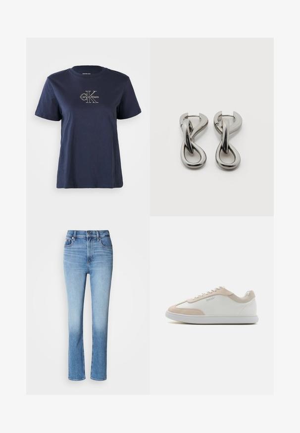 Námornícky modré bavlnené tričko s krátkymi rukávmi, s malým bielym logom "Calvin Klein" v strede prednej časti. Krúžkový výstrih, voľný strih.; Modré denimové džínsy s vysokým pásom, priamym strihom, vyblednutým farebným prechodom a piatimi vreckami. Kovový gombík a zips na zapínanie.; Biele kožené tenisky s béžovými semišovými akcentmi a bielymi šnúrkami. Majú okrúhlu špičku a mäkkú podrážku pre pohodlie.; Pár strieborných kovových náušníc s abstraktným prepletajúcim sa slučkovým vzorom na bielom pozadí.