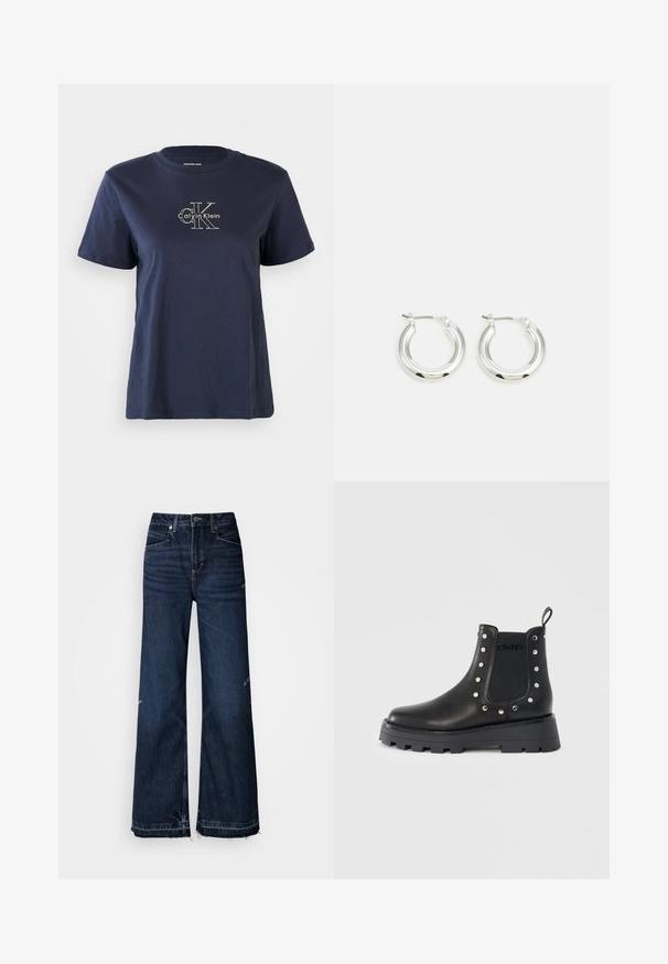Navyblaue Baumwoll-T-Shirt mit kurzen Ärmeln, das auf der Vorderseite ein kleines weißes "Calvin Klein"-Logo in der Mitte trägt. Rundhalsausschnitt, lässige Passform.; Hoch taillierte, weit geschnittene Jeans aus dunklem Denim. Merkmale sind ausgefranste Säume und ein Fünf-Taschen-Design mit sichtbaren Nähten.; Schwarze Leder Chelsea-Boots mit dickem Absatz, silbernen Nieten, die das elastische seitliche Paneel umrahmen, Zuglasche und dezentem DKNY-Logo.; Silberne Creolen mit glänzender Oberfläche, die eine kreisrunde Form haben und mit einem schwenkbaren Verschluss ausgestattet sind. Glatte Textur mit minimalen Details.