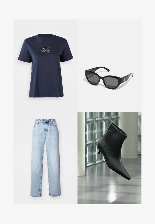 Marineblå bomulds t-shirt med korte ærmer, med et lille hvidt "Calvin Klein" logo i midten af fronten. Rund halsudskæring, afslappet pasform.; Lyseblå højtaljede jeans med løs pasform, der har lige ben, fem lommer og en klassisk knap- og lynlåslukning.; Sort læderankelstøvle med spids tå og lav kitten-hæ, vist vinklet mod en poleret gulv- og glasblokvæg.; Sorte solbriller med et strømlinet, vinklet design, mørke linser og et kontrasterende sølvlogo på siden. Glat plastoverflade.