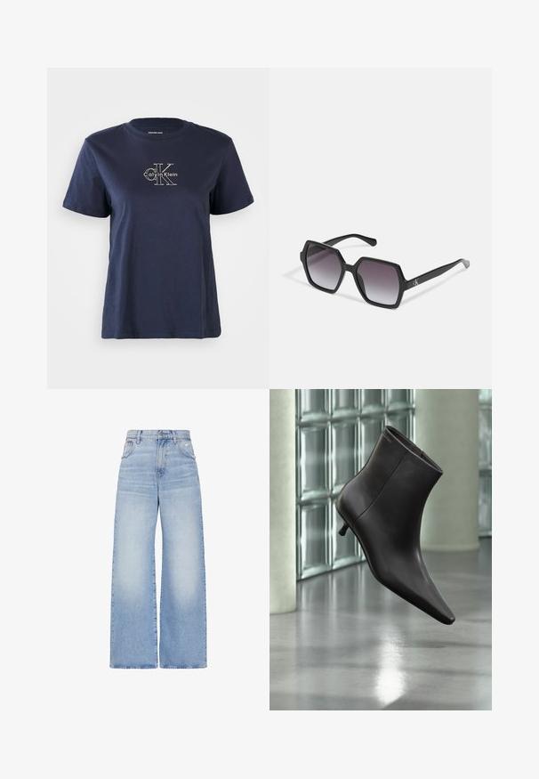 Navyblaue Baumwoll-T-Shirt mit kurzen Ärmeln, das auf der Vorderseite ein kleines weißes "Calvin Klein"-Logo in der Mitte trägt. Rundhalsausschnitt, lässige Passform.; Hellblaue Jeans mit hoher Taille und weitem Bein, vorne mit Knopf- und Reißverschluss, vorderen und hinteren Taschen sowie einem leicht verwaschenen Detail an der rechten Tasche.; Schwarzer Leder-Knöchelstiefel mit spitzer Spitze und kleinem Absatz vor einer Wand aus Glasbausteinen und einem polierten Boden.; Schwarze hexagonale Sonnenbrille mit Verlaufsgläsern, glänzender Oberfläche und dezentem Branding am Bügel. Aus langlebigem Kunststoff gefertigt.