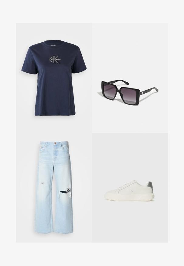 Marineblå bomulds t-shirt med korte ærmer, med et lille hvidt "Calvin Klein" logo i midten af fronten. Rund halsudskæring, afslappet pasform.; Lyseblå brede jeans lavet af denim, med høj talje, store revner ved knæene og et klassisk fem-lomme design med kobberhardware.; Hvide sneakers lavet af læder med en glat tekstur, forsynet med en sølvaccent på hælen, flad sål og minimalistisk design.; Sorte firkantede solbriller med gradient grå linser. Blank ramme med rene linjer. Sølvlogo-aksecent på stængerne.