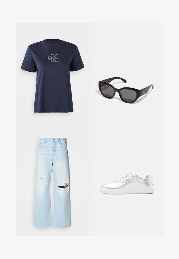 Navyblaue Baumwoll-T-Shirt mit kurzen Ärmeln, das auf der Vorderseite ein kleines weißes "Calvin Klein"-Logo in der Mitte trägt. Rundhalsausschnitt, lässige Passform.; Helle blaue, weit geschnittene Jeans aus Denim mit hoher Taille, großen Rissen an den Knien und einem klassischen Fünf-Taschen-Design mit kupferfarbenen Beschlägen.; Niedriger Sneaker in metallischem Silber mit weißer Sohle und Schnürsenkeln, glatter Struktur und dezent geprägtem Branding an der Seite.; Schwarze Sonnenbrille mit einem schlanken, kantigen Design, dunklen Gläsern und einem kontrastierenden silbernen Logo an der Seite. Glatte Kunststoffoberfläche.