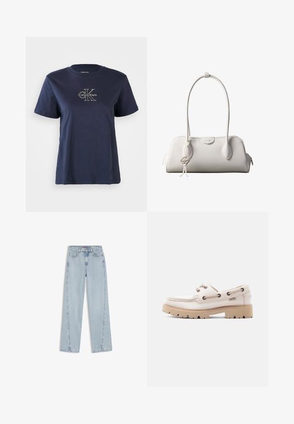 Navyblaue Baumwoll-T-Shirt mit kurzen Ärmeln, das auf der Vorderseite ein kleines weißes "Calvin Klein"-Logo in der Mitte trägt. Rundhalsausschnitt, lässige Passform.; Hellblaue High-Waist Straight-Leg Jeans mit vorderen Taschen, Gürtelschlaufen, Knopfverschluss und kleinen Schlitzen am unteren Saum.; Weißer Bootsschuh aus Leder mit beiger Gummilaufsohle, seitlicher Schnürung und kontrastierenden Nähten, geprägt mit einem kleinen Metall-Logoschild.; Weiße Calvin Klein Schultertasche mit langen Griffen, rechteckiger Form, Reißverschluss und dekorativem Logo-Anhänger, der in der Nähe des Griffs hängt.
