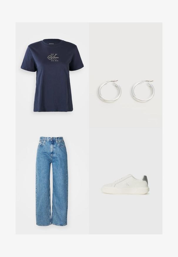 Camiseta de algodón azul marino con mangas cortas, que presenta un pequeño logo blanco de "Calvin Klein" en el centro frontal. Cuello redondo, ajuste casual.; Jeans de mezclilla de pernera ancha en azul claro con cintura alta, dobladillo deshilachado y diseño de cinco bolsillos. La textura desgastada añade profundidad a la tela.; Zapatilla blanca de cuero con textura suave, que presenta un acento plateado en el talón, suela plana y un diseño minimalista.; Par de pendientes de aro plateados brillantes de tamaño mediano con cierres metálicos finos sobre un fondo neutro claro.