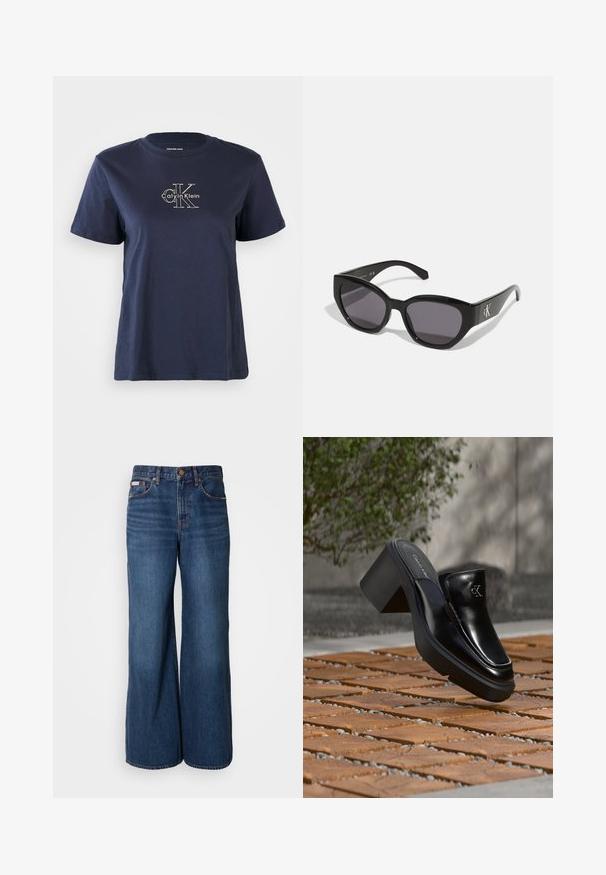 Camiseta de algodón azul marino con mangas cortas, que presenta un pequeño logo blanco de "Calvin Klein" en el centro frontal. Cuello redondo, ajuste casual.; Vaqueros de pierna ancha hechos de denim azul oscuro. Incluyen una cintura alta, cinco bolsillos y costuras en contraste de color naranja a lo largo de las costuras.; Mule tipo slip-on de cuero negro de Calvin Klein con tacón de bloque descansando sobre baldosas de madera al aire libre cerca de una planta verde y una pared gris.; Gafas de sol negras con un diseño elegante y angular, lentes oscuros y un logo plateado en contraste en el lateral. Textura de plástico suave.