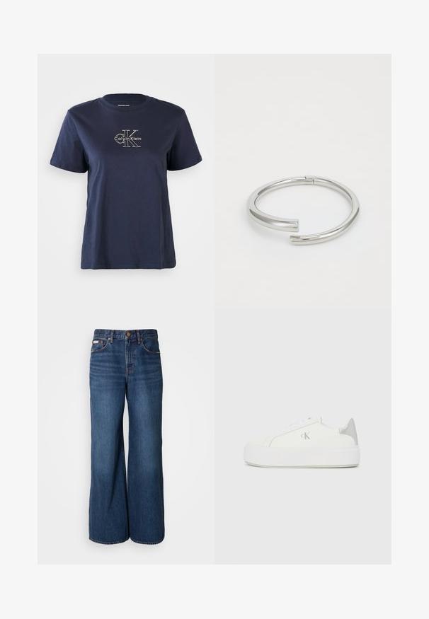 Námornícky modré bavlnené tričko s krátkymi rukávmi, s malým bielym logom "Calvin Klein" v strede prednej časti. Krúžkový výstrih, voľný strih.; Džíny s širokými nohavicami vyrobené z tmavomodrého denim. Vlastnosti zahŕňajú vysoký pás, päť vreciek a kontrastné oranžové švy pozdĺž švov.; Biele plátené tenisky s hrubou bielou podrážkou, so strieborným kovovým akcentom na päte a jemným logom na boku.; Calvin Klein SPIRAL - Náramok - silver-coloured
