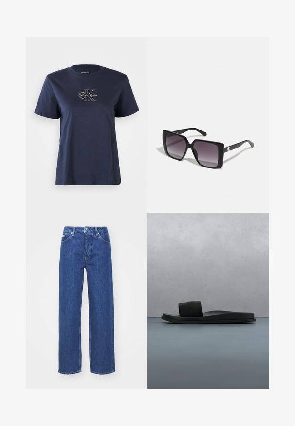 Camiseta de algodón azul marino con mangas cortas, que presenta un pequeño logo blanco de "Calvin Klein" en el centro frontal. Cuello redondo, ajuste casual.; Jeans de mezclilla azul de pierna ancha con una cintura alta, con cierre de cremallera y botón, presillas para el cinturón y un ligero desgaste en la tela.; Sandalia tipo slide negra de Calvin Klein con una correa ancha, mostrada sobre un suelo de textura de madera y piedras, con un fondo exterior desenfocado.; Gafas de sol cuadradas negras con lentes degradados grises. Montura brillante con líneas elegantes. Acento de logo plateado en las patillas.