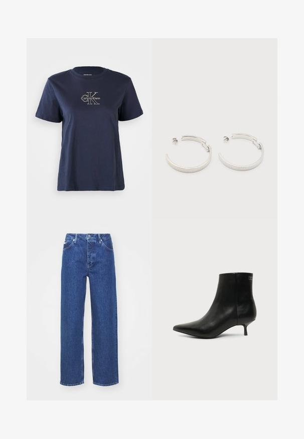 Marineblå bomulds t-shirt med korte ærmer, med et lille hvidt "Calvin Klein" logo i midten af fronten. Rund halsudskæring, afslappet pasform.; Blå denim bred-benede jeans med høj talje, med lynlås og knaplukning, bæltestropper og subtilt falmet detaljer på stoffet.; Sort læder ankelstøvle med spids tå og lav kitten hæl på lys baggrund, der viser yderside.; Sølvfarvede halvcirkelformede creoler med riflet tekstur og trykknapslukning på hvid baggrund.