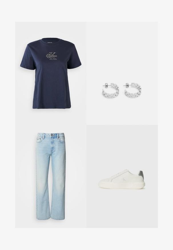 Navyblaue Baumwoll-T-Shirt mit kurzen Ärmeln, das auf der Vorderseite ein kleines weißes "Calvin Klein"-Logo in der Mitte trägt. Rundhalsausschnitt, lässige Passform.; Helle blaue weit geschnittene Jeans aus Denim, mit einem klassischen Fünf-Taschen-Design und einer dezenten, gewaschenen Textur. Die Denim-Nähte sind sichtbar.; Weißer Sneaker aus Leder mit glatter Textur, ausgestattet mit einem silbernen Akzent an der Ferse, flacher Sohle und minimalistischem Design.; Silberne Creolen mit einem geometrischen Design aus ineinandergreifenden rechteckigen Gliedern, polierter Oberfläche und Steckverschluss.