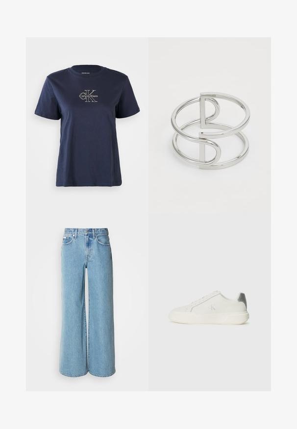 Camiseta de algodón azul marino con mangas cortas, que presenta un pequeño logo blanco de "Calvin Klein" en el centro frontal. Cuello redondo, ajuste casual.; Jeans de mezclilla de corte ancho en un tono azul claro, con cintura alta, diseño de cinco bolsillos y un ligero desgastado en la tela.; Zapatilla blanca de cuero con textura suave, que presenta un acento plateado en el talón, suela plana y un diseño minimalista.; Brazalete de metal plateado con un diseño de doble lazo, acabado liso y brillante, y un acento geométrico minimalista.