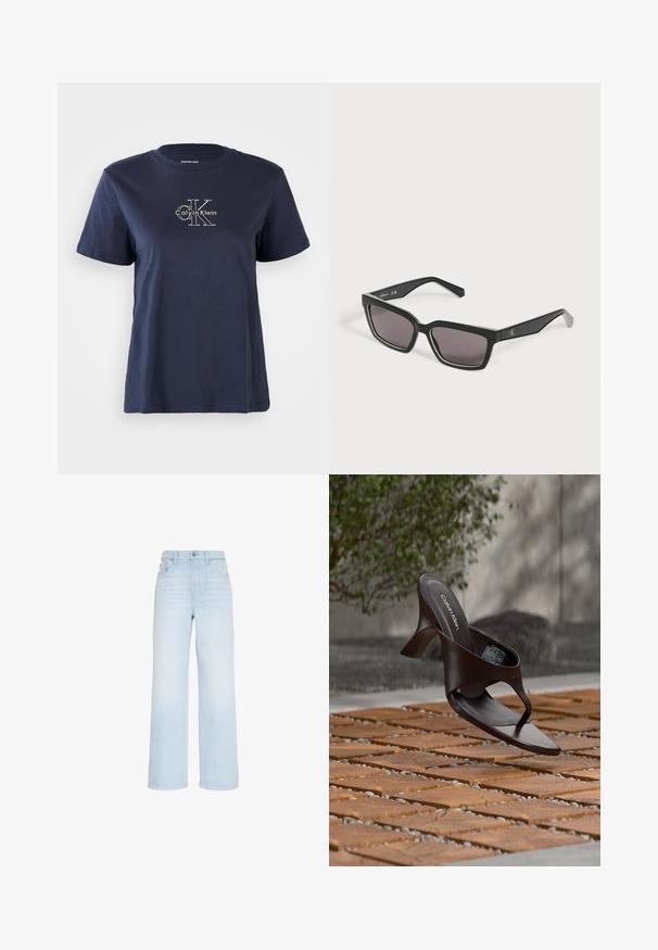 Camiseta de algodón azul marino con mangas cortas, que presenta un pequeño logo blanco de "Calvin Klein" en el centro frontal. Cuello redondo, ajuste casual.; Vaqueros de tiro alto, color azul claro, con pierna ancha, cierre delantero con botón y cremallera, trabillas para cinturón y bolsillos delanteros y traseros.; Sandalia de tiras con tacón marrón de Calvin Klein suspendida sobre suelo exterior de loseta de madera y grava, con fondo desenfocado de vegetación y piedras.; Gafas de sol negras rectangulares con lentes oscuras y un logo sutil en la patilla, mostradas sobre un fondo claro y liso.