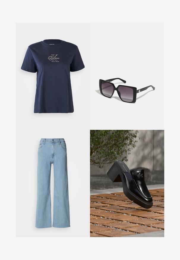 Navyblaue Baumwoll-T-Shirt mit kurzen Ärmeln, das auf der Vorderseite ein kleines weißes "Calvin Klein"-Logo in der Mitte trägt. Rundhalsausschnitt, lässige Passform.; Hellblaue weite Jeans aus Denim, mit einer enganliegenden Taille, Fünf-Taschen-Design und dezenten Nähdetails.; Schwarze Leder-Slip-on-Mule von Calvin Klein mit Blockabsatz, die auf Holzfliesen im Freien nahe einer grünen Pflanze und einer grauen Wand ruht.; Schwarze quadratische Sonnenbrillen mit grauen Verlaufslinsen. Glänzende Rahmen mit klaren Linien. Silbernes Logo-Detail an den Schläfen.