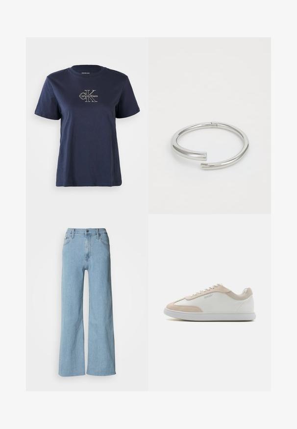 Marineblå bomulds t-shirt med korte ærmer, med et lille hvidt "Calvin Klein" logo i midten af fronten. Rund halsudskæring, afslappet pasform.; Lyseblå vidde jeans lavet af denim, med en tætsiddende talje, fem-lomme design og subtile syningsdetaljer.; Hvide lædersneakers med beige ruskindsdetaljer og hvide snøringer. Har en rund tå og en polstret sål for komfort.; Calvin Klein SPIRAL - Armbånd - silver-coloured