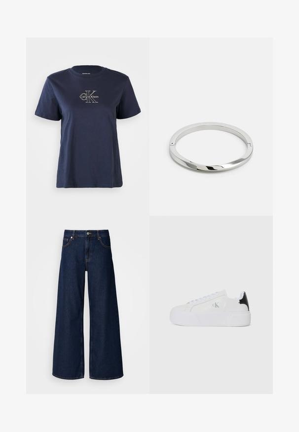 Marineblå bomulds t-shirt med korte ærmer, med et lille hvidt "Calvin Klein" logo i midten af fronten. Rund halsudskæring, afslappet pasform.; Bredde ben mørkeblå denimbukser med høj talje, frontlommer og knaplukning. Har kontrastsyninger og en glat tekstur.; Calvin Klein Jeans Sneakers - bright white/black; Stålmetalarmbånd med en glat, skinnende overflade og flade kanter. Har et åbent cirkulært design med en subtil låse detalje.