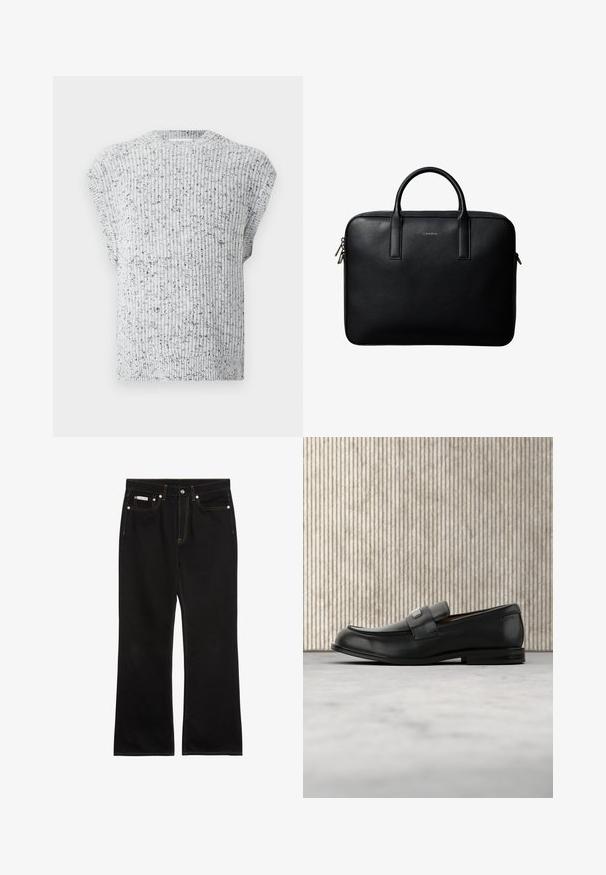 Gebreide mouwloze sweatervest in lichtgrijs met zwarte spikkels en een geribbelde ronde halslijn en zoom.; Zwarte jeans met rechte pijpen, oranje stiksels, vijf zakken, knoopsluiting en een klein Calvin Klein-label op de voorste rechterzak.; Zwarte leren loafer met een metalen merktekenplaatje, rustend bij een bruine ronde tafel op een beige tapijtvloer.; Zwarte gestructureerde leren aktetas met dubbele handvatten en zilveren ritstrekkers, gecentreerd op een witte achtergrond.