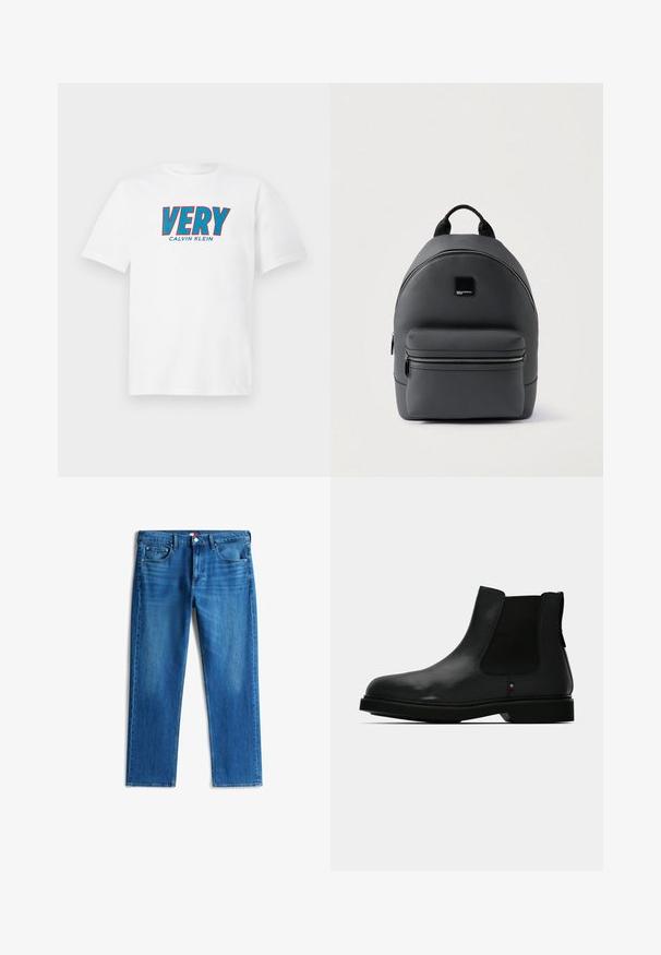 Hvid kortærmet T-shirt med blå og rød tekst "VERY" og mindre "Calvin Klein" trykt nedenunder i centrum foran.; Blå denim jeans med lige ben, fem lommer, knaplukning og subtil falmning på forreste lår.; Sort læder Chelsea-støvle med elastiske sidepaneler, rund tå og tekstureret overdel. Har en flad gummisål og diskret mærkedetalje.; Grå faux læder rygsæk med en rund form, frontlomme med lynlås, sort accentlogo og bærehank. Glat overflade generelt.
