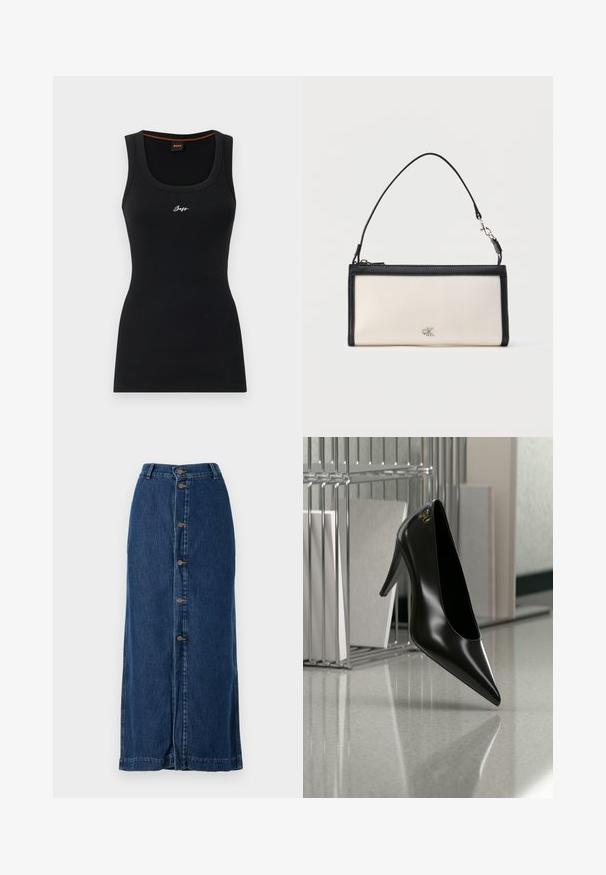 Sort ribbet tanktop med en rund halsudskæring. Har et lille hvidt "Boss" logo på forsiden og en kontrasterende orange detalje indeni kraven.; Mørkeblå denim-maxiskørt med knaplukning foran og sideslids, med en lige silhuet og syet kant.; Sort højhælet sko med spids tå og guldlogo, placeret på en reflekterende overflade nær en krom trådfilholder med dokumenter.; Rektangulær kremfarvet clutch med sort kant og håndtag, med en lille sølvfarvet "cK" logo i midten foran.