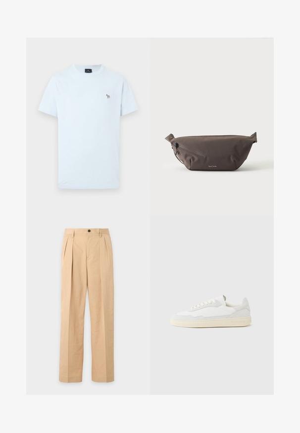T-shirt blanc à manches courtes avec col rond, petit logo zèbre multicolore brodé sur le côté gauche de la poitrine.; Pantalon beige plissé avec fermeture bouton et zip, passants de ceinture et jambes droites larges.; Baskets blanches avec dessus en daim et cuir texturé. Caractérisées par un bout arrondi, une fermeture à lacets et une semelle en caoutchouc beige contrastante.; Sac banane en tissu marron foncé avec poche zippée en diagonale et petit logo blanc sur le devant, sur un fond clair uni.