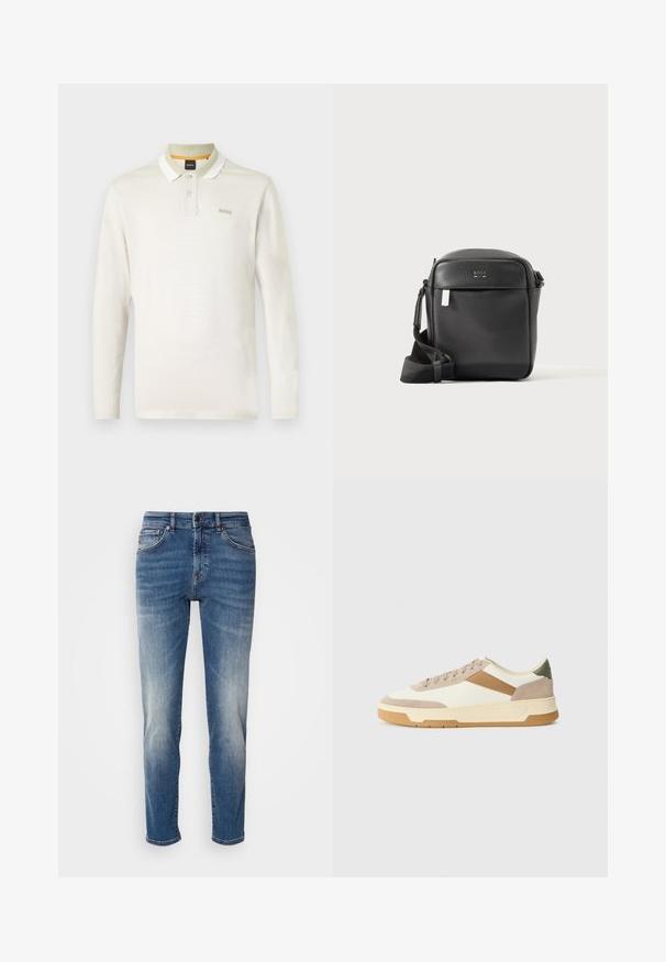 Langärmliges Poloshirt in hellem Creme, aus weichem Baumwollmaterial. Verfügt über einen weißen Kragen, eine Zwei-Knopf-Leiste und ein dezentes Markenlogo auf der Brust.; Blaue Jeans aus Denim mit geradem Bein, leichter Ausbleichung, klassischer Fünf-Taschen-Stil und einem Reißverschluss mit Knopfverschluss.; Sneaker in Beige, Creme und Olivgrün, aus Wildleder und Leder, mit runder Zehenpartie, minimalistischem Design und Gummisohle.; Schwarze strukturierte Leder-Umhängetasche mit Fronttasche und verstellbarem Riemen, abgebildet auf einem schlichten hellen Hintergrund.