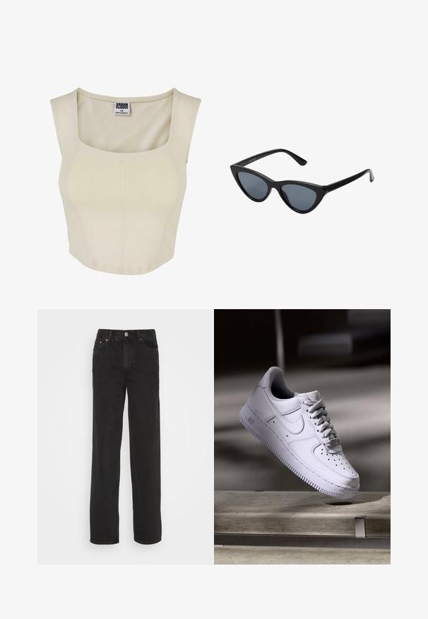 Κρεμ μπλούζα crop top από μαλακό ύφασμα με τετράγωνη λαιμόκοψη, εφαρμοστή σχεδίαση και ελάχιστες λεπτομέρειες ραφής. Η ετικέτα γράφει "Urban Classics."; Μαύρο τζιν με ίσια γραμμή και πέντε τσέπες, μπροστινό κουμπί και θηλάκια ζώνης, εκτεθειμένο σε λευκό φόντο.; Λευκό αθλητικό παπούτσι Nike Air Force 1 να αιωρείται πάνω από μια επιφάνεια από σκυρόδεμα με σκιές σε ένα μινιμαλιστικό περιβάλλον.; Μαύρα γυαλιά ηλίου cat-eye με σκούρους γκρίζους φακούς, κομψό πλαστικό σκελετό, μυτερές γωνίες και ίσιους βραχίονες. Χωρίς ορατό υλικό ή διακοσμητικά στοιχεία.