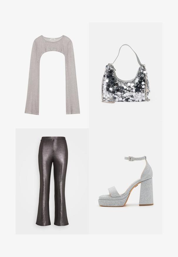 Sølvmetalisk strikket bolero-sweater med lange ærmer og bred halsudskæring, mærket Even & Odd.; Even&Odd by Zalando Bukser - black/silver; Sølvglitrende platform-sandaler med en bred rem, justerbar ankelspænde og en chunky hæl. Har en glat, tekstureret overflade.; Sølvglitrende håndtaske med rund form, blød håndtag og sølvfarvet kædestrop. Har en lynlåslukning og reflekterende detaljer.