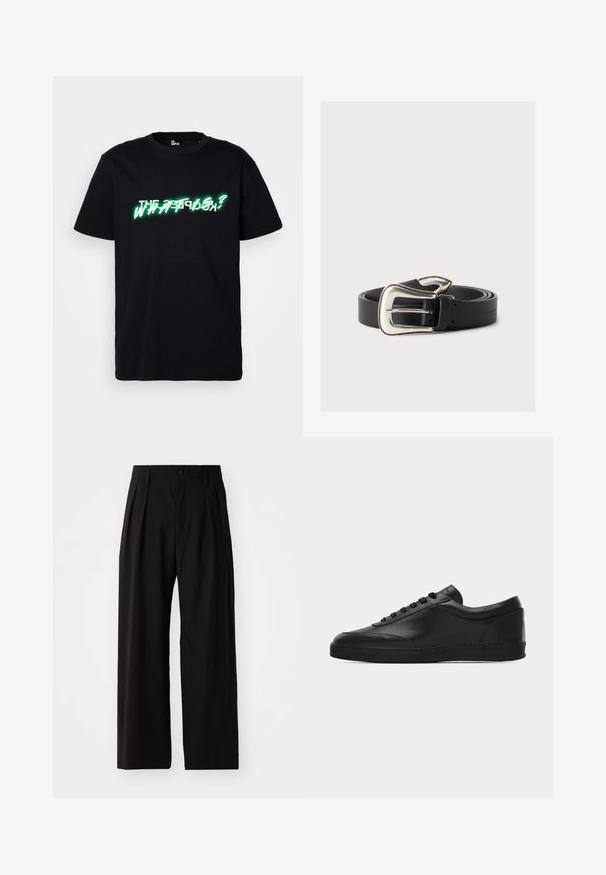 Zwarte katoenen t-shirt met opvallende groene en witte grafische tekst "WHAT IS?" aan de voorkant. Ronde hals en korte mouwen.; Zwarte wijde broek met een gladde textuur, voorzien van twee voorklokken, een knoopsluiting en zijzakken. Duurzaam materiaal.; Zwarte lage leren sneaker met vetersluiting aan de voorkant en een platte rubberen zool, gezien van de zijkant tegen een effen witte achtergrond.; Zwarte leren riem met een grote zilveren westernstijl gesp, opgerold op een neutrale achtergrond.