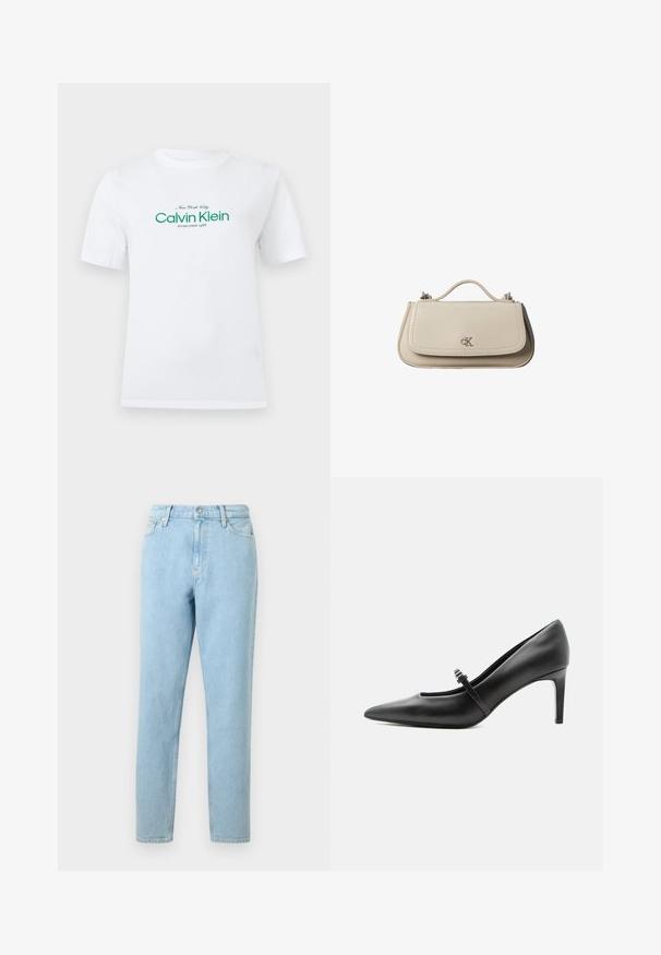 Λευκό κοντομάνικο T-shirt με πράσινη επιγραφή "Calvin Klein New York City Established 1968" στο στήθος.; Ανοιχτό μπλε τζιν παντελόνι με κανονική γραμμή, σχέδιο πέντε τσεπών και κλείσιμο με κουμπί. Διαθέτει διακριτική φθορά και απαλό υλικό.; Μαύρη δερμάτινη γόβα με μυτερή μύτη, λεπτό λουράκι και αγκράφα πάνω από τον κουντεπιέ, που στέκεται σε ουδέτερο ανοιχτό φόντο.; Μικρή μπεζ δερμάτινη τσάντα χειρός με επάνω λαβή και ασημένιο λογότυπο CK στη μπροστινή πτερύγιο, εμφανίζεται σε λευκό φόντο.