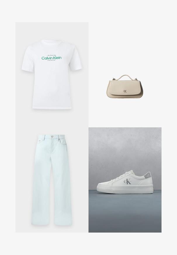 Λευκό κοντομάνικο T-shirt με πράσινη επιγραφή "Calvin Klein New York City Established 1968" στο στήθος.; Φαρδιά τζιν παντελόνια ψηλόμεσα σε ανοιχτό μπλε χρώμα με μπροστινό κουμπί, κλείσιμο με φερμουάρ, θηλιές για ζώνη και μπροστινές τσέπες σε απλό φόντο.; Λευκά δερμάτινα sneakers με επίπεδη σόλα, διαθέτοντας διακριτική γκρίζα λεπτομέρεια στη φτέρνα και ένα εμφανές λογότυπο 'CK' στο πλάι.; Μικρή μπεζ δερμάτινη τσάντα χειρός με επάνω λαβή και ασημένιο λογότυπο CK στη μπροστινή πτερύγιο, εμφανίζεται σε λευκό φόντο.