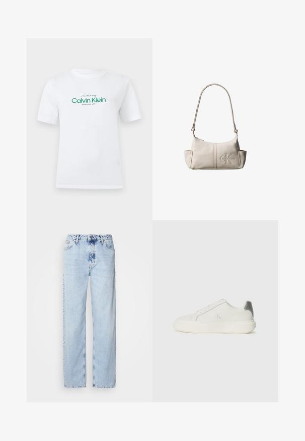 Λευκό κοντομάνικο T-shirt με πράσινη επιγραφή "Calvin Klein New York City Established 1968" στο στήθος.; Ανοιχτό μπλε παντελόνια με φαρδύ καβάλι από τζην, με υψηλή μέση, ξεθωριασμένο πλύσιμο και διακριτό σχέδιο tie-dye μπροστά.; Λευκό αθλητικό παπούτσι από δέρμα με ομαλή υφή, με ασημένια λεπτομέρεια στη φτέρνα, επίπεδη σόλα και μινιμαλιστικό σχέδιο.; Μικρό μπεζ δερμάτινο τσαντάκι ώμου με ρυθμιζόμενο ιμάντα και ανάγλυφο λογότυπο Calvin Klein στο κέντρο μπροστά.