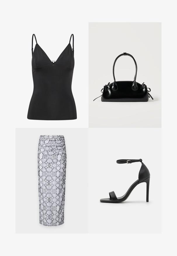 Svart, tettsittende cami med justerbare tynne stropper, V-hals, sømløst design og glatt tekstur. Laget av et mykt, elastisk materiale.; Python tryk midi skjørt i sort og hvit, med en tettsittende silhuett og innsamlet tekstur langs sidene. Glatt stofffinish.; Svart høyhælte sandal med et slankt design, med ankelstropp, åpen tå og glatt lærtekstur.; Liten svart blank håndveske med to lange håndtak og sidesnorer detaljer på en ensfarget lys bakgrunn.