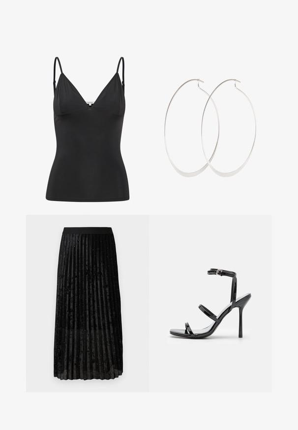 Sort, tætsiddende camisole med justerbare tynde stropper, V-halsudskæring, sømløst design og glat tekstur. Lavet af et blødt, strækbart materiale.; Sort plisseret nederdel lavet af sammet, med en struktureret overflade og glitrende dekorationer jævnt fordelt over stoffet.; Sorte patentlæder højhælede sandaler med tre horisontale stropper og en justerbar ankelstrop. Elegant silhuet og skinnende finish.; Sølv hoops øreringe med et tyndt, glat design; langstrakt oval form; poleret finish; har en sikker krog lukning.