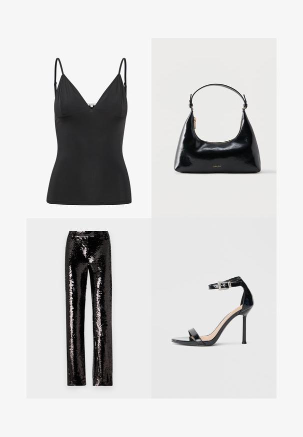 Sort, tætsiddende camisole med justerbare tynde stropper, V-halsudskæring, sømløst design og glat tekstur. Lavet af et blødt, strækbart materiale.; Sorte palietterbukser med lige ben-design, der har en glat tekstur og en glitrende overflade, som reflekterer lys. Ingen synlige lukkemekanismer.; Sort højhælet sandal i laklæder med ankelrem. Har minimalistisk design, åben tå og spænde med rhinsten-detaljer.; Sort blank Calvin Klein håndtaske med gyldent lynlås og kort rem mod en ensfarvet hvid baggrund.
