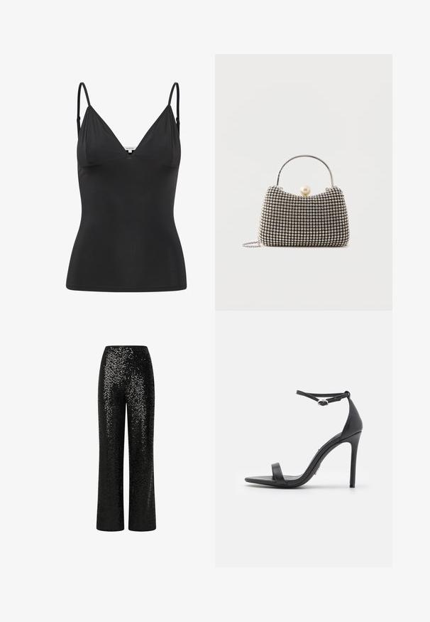 Sort, tætsiddende camisole med justerbare tynde stropper, V-halsudskæring, sømløst design og glat tekstur. Lavet af et blødt, strækbart materiale.; Sorte paljetbukser med lige ben, der har en glat talje og en reflekterende tekstur, hvilket skaber en glitrende effekt.; Sorte højhælede sandaler med åben tå, tynde stropper og spænde om anklen. Glat lædertekstur med spidse tådesign.; Lille håndtaske med sølv gittermønster, buet håndtag, stor perle lukning og en tynd sølvkæde strop på en ensfarvet baggrund.