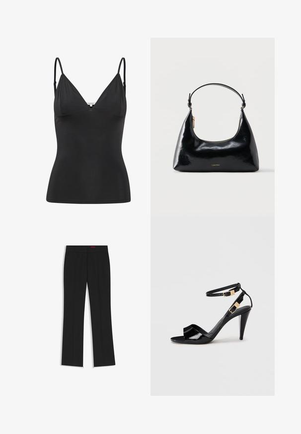 Sort, tætsiddende camisole med justerbare tynde stropper, V-halsudskæring, sømløst design og glat tekstur. Lavet af et blødt, strækbart materiale.; Sorte bukser med lige ben, forlommer og linning, vist fladt på en hvid baggrund.; Sorte patentlæder højhælede sandaler med dobbelte ankelremme og guldspænder, åben tå og slank taperet hæl på neutral baggrund.; Sort blank Calvin Klein håndtaske med gyldent lynlås og kort rem mod en ensfarvet hvid baggrund.