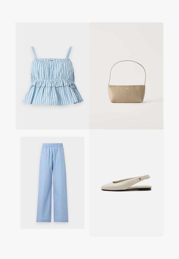 Haut sans manches bleu clair avec fines rayures verticales noires, ourlet bas à volants et détail froncé au niveau de la poitrine.; Pantalon bleu clair à jambes larges avec fines rayures verticales bleu foncé et une taille élastique.; Chaussure plate slingback en cuir couleur crème avec un bout arrondi et un petit emblème doré sur la bride.; Sac à main tissé beige avec fine bandoulière et petit logo doré "BOSS" à l'avant, présenté sur fond blanc uni.