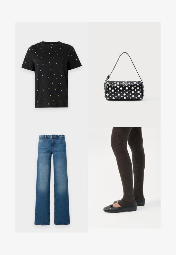 Sort T-shirt med korte ærmer lavet af bomuld, prydet med små guld hjerter, der er jævnt fordelt over stoffet. Rund halsudskæring.; Bredde ben blå jeans med en falmet vask, fem lommer og en knaplukning. Fremstillet af denim med en glat, robust tekstur.; Ben iført mørke ribbede leggings kombineret med sorte balletsko med små sløjfedetaljer på hvid baggrund.; Sort læderhåndtaske med rund form, dekoreret med sølvnitter. Har en aftagelig rem og lynlås. Glat tekstur.