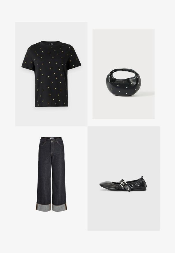 Sort T-shirt med korte ærmer lavet af bomuld, prydet med små guld hjerter, der er jævnt fordelt over stoffet. Rund halsudskæring.; Mørkeblå jeans med brede ben og opbuk ved kanterne, fem lommer og kontrastfuld gul syning.; Sorte læder flade sko med spids tå, samling detaljer omkring åbningen, og en sølv spænde accent på den justerbare rem.; Sort læderhåndtaske med en rundet form, dekoreret med sølvnitter, og et kort håndtag. Glat tekstur og lynlåslukning.