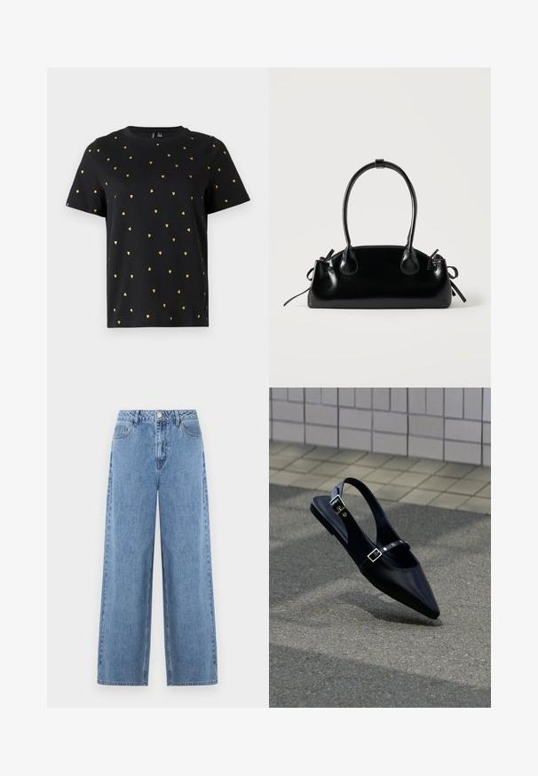 Sort T-shirt med korte ærmer lavet af bomuld, prydet med små guld hjerter, der er jævnt fordelt over stoffet. Rund halsudskæring.; Lyseblå jeans med brede ben lavet af denim. Har høj talje, bæltestropper, forlommer og en enkelt baglomme. Glat tekstur.; Sort flad slingback med spids tå og dobbelte spænder, hvilende på grå asfalt nær flisevæg.; Lille sort blank håndtaske med to lange håndtag og snøre-detaljer i siden på en ensfarvet lys baggrund.