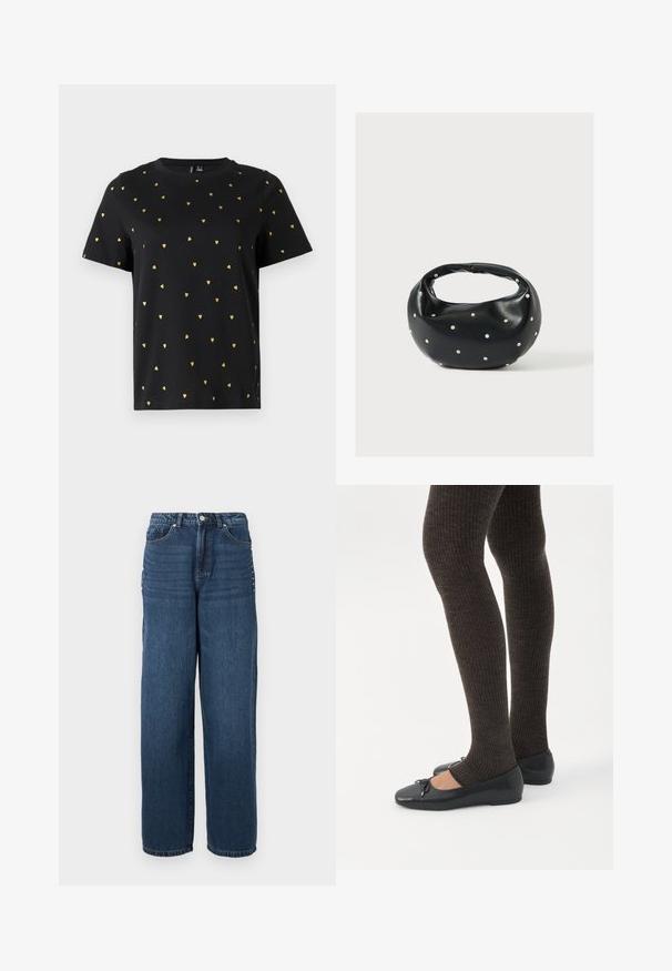 Sort T-shirt med korte ærmer lavet af bomuld, prydet med små guld hjerter, der er jævnt fordelt over stoffet. Rund halsudskæring.; Mørkeblå denim jeans med løstsiddende pasform, fem lommer, og knaplukning med metaldetaljer langs sidesømmene.; Ben iført mørke ribbede leggings kombineret med sorte balletsko med små sløjfedetaljer på hvid baggrund.; Sort læderhåndtaske med en rundet form, dekoreret med sølvnitter, og et kort håndtag. Glat tekstur og lynlåslukning.