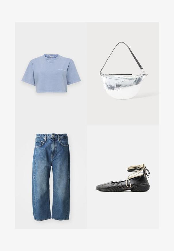 Lichtblauw cropped t-shirt van zacht materiaal, met korte mouwen, een ronde halslijn en een kleine grafische print aan de voorkant.; Blauwe denim jeans met een losse, wijde pasvorm, voorzien van voorzakken, een knoop- en ritssluiting, en een subtiele vervaging bij de knieën.; Zwarte leren platte schoen met een gestructureerde zool en beige en zwarte veters rondom de enkel, gezien van opzij op een effen achtergrond.; Zilverkleurige handtas in de vorm van een halve maan met een zwarte verstelbare schouderriem en ritssluiting op een lichte achtergrond.